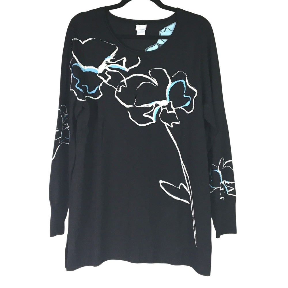 Chico's Floral Intarsia Long Sleeve Tunic Sweater Size 2 L Black